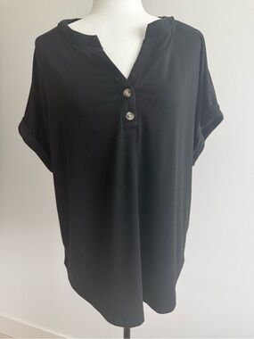 Relaxed Black Short Sleeve Henley Top